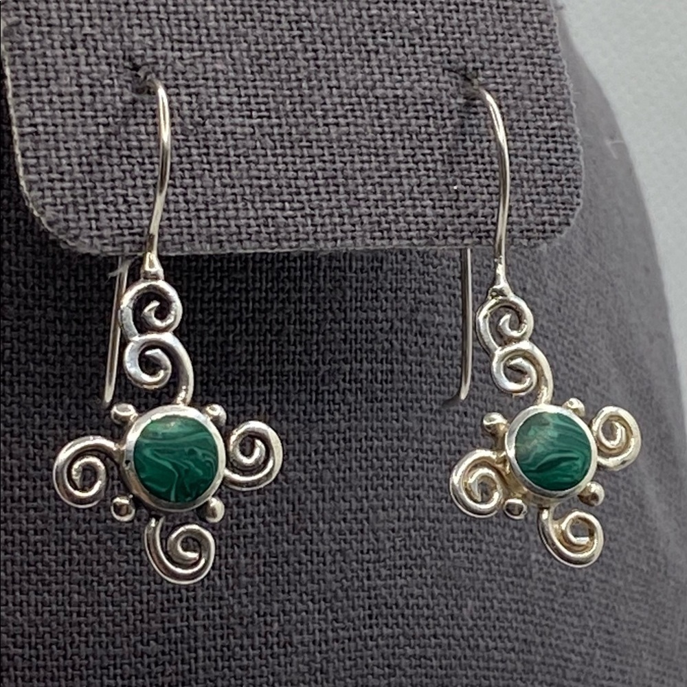 925 Sterling Silver Malachite Earrings Vintage Artisan 4.16g